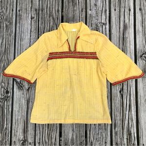 Vintage Ladies 60s 70s Mustard Yellow Tunic Collar Embellished Top Shirt S XS